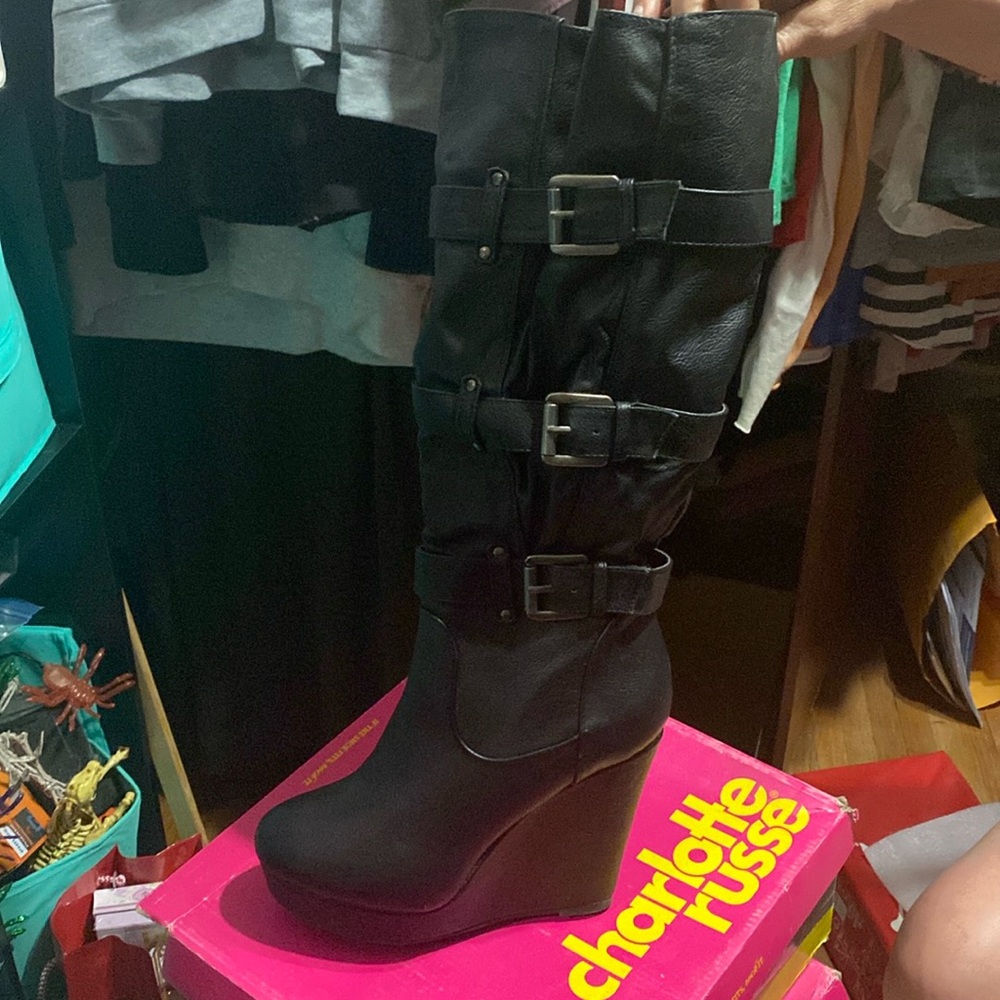 Gently used Charlotte Russe black wedge boots size 8